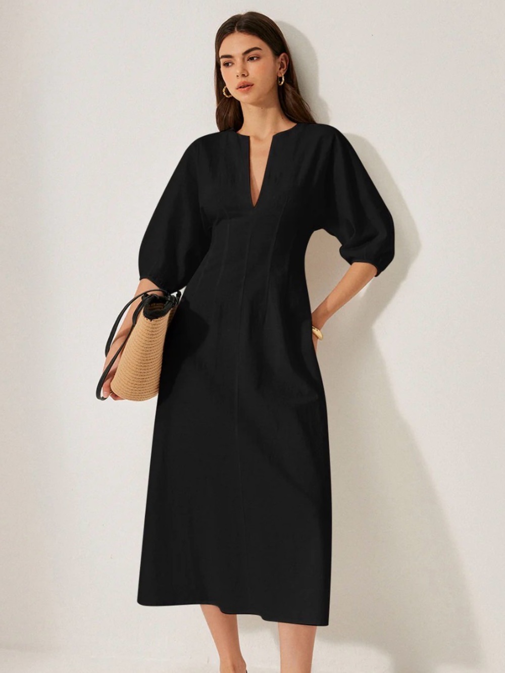 Commense Black Linen Blend Midi Dress NWT XS | V-Neck Half Sleeve Minimalist